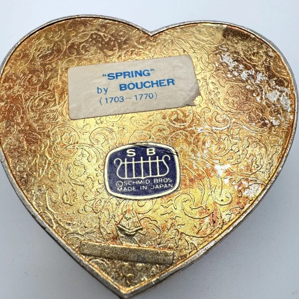 Schmid Bros Vtg Heart-Shaped Metal Trinket Box Silk Art Lid 